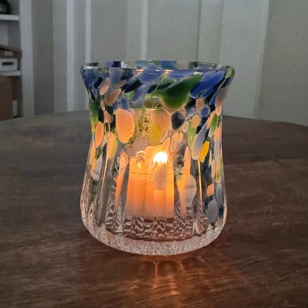 Vintage Art Glass Candle Holder Votive Tealight Confetti Coastal Boho Decor 3”